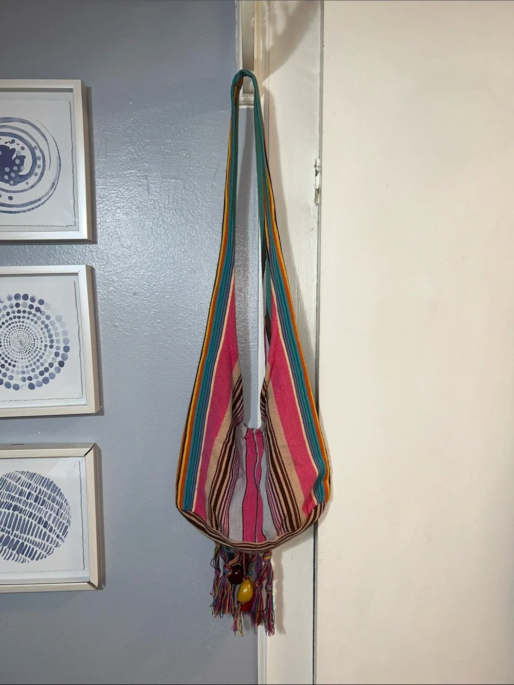 Boho Striped Retro Chic Cotton Beaded Tassel Sling Bag in Pink, Green & Yellow